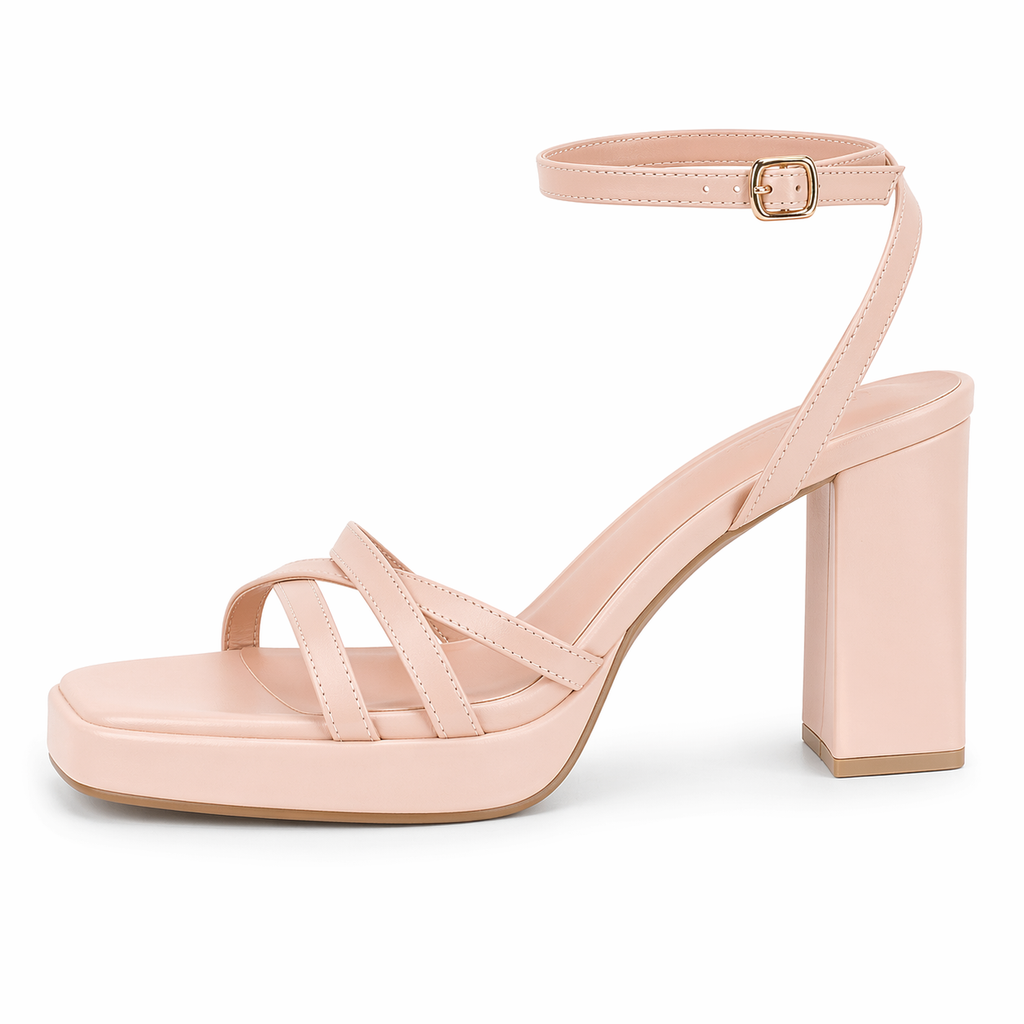 Women's Strappy Heels Square Open Toe Chunky Block Heels Ankle Strap Sandals Shoes for Wedding Party