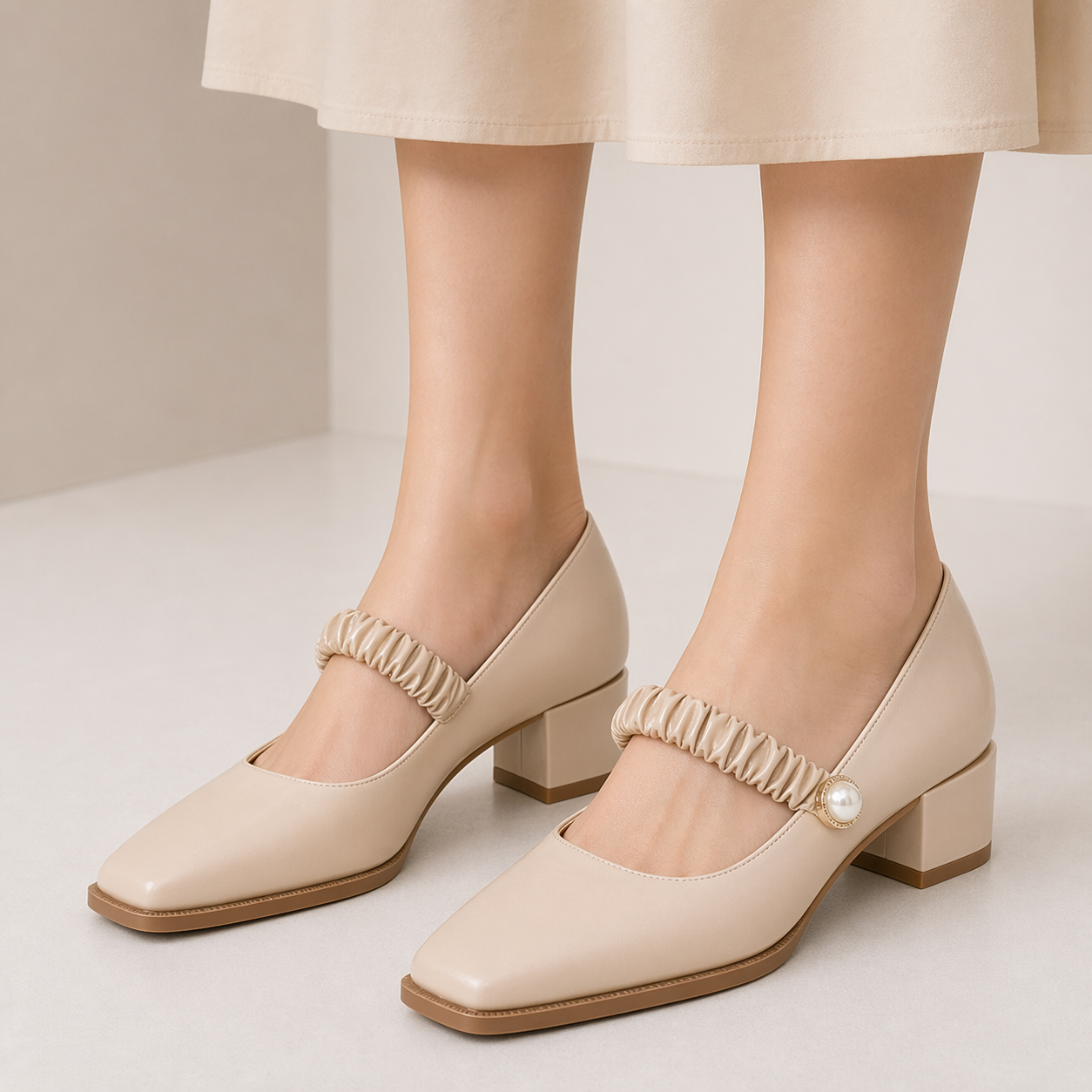 Women's Mary Jane Shoes Uniform Dress Shoes Square Toe Ankle Strap Chunky Heel Pumps Shoes Nude