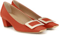 Women's Closed Square Toe Chunky Heels Slip on Comfortable Business Party Dress Pumps Shoes with Metal Buckle Orange