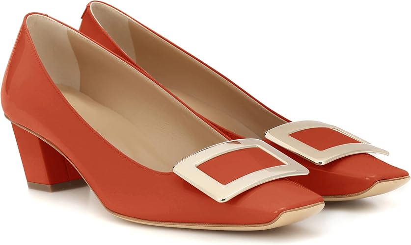 Women's Closed Square Toe Chunky Heels Slip on Comfortable Business Party Dress Pumps Shoes with Metal Buckle Orange