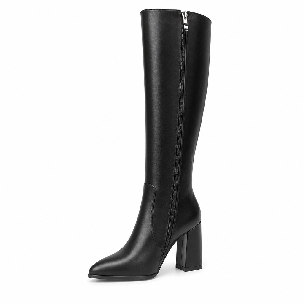 Women's Knee High Boots Pointed Toe Chunky Gogo Boots Zipper Block Heeled Tall Dress Boots