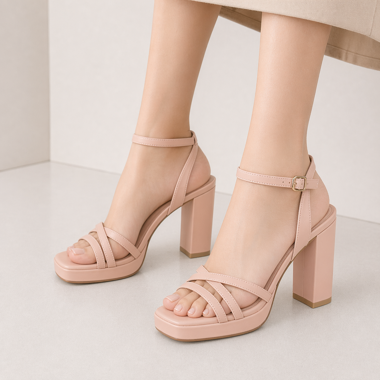 Women's Strappy Heels Square Open Toe Chunky Block Heels Ankle Strap Sandals Shoes for Wedding Party